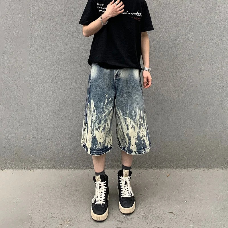 2026 New Flame Graphic Print Denim Shorts For Men Hip Hop Fashion Straight-leg Baggy Jorts Punk Tie Dye Gradient Y2K Short Jean