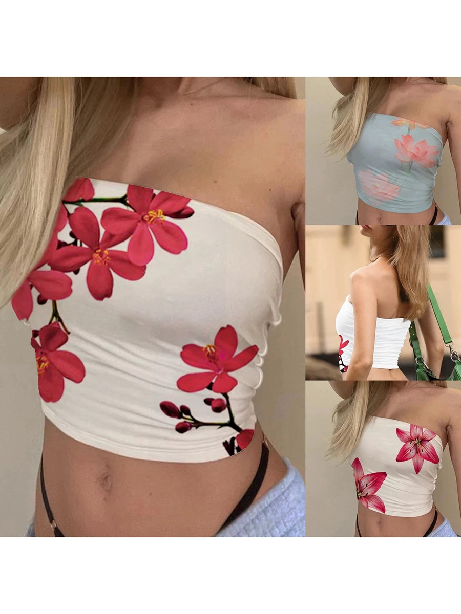 Women s Floral Print Tube Tops Summer Strapless Bandeau Tops  Fit Shirts Streetwear