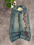 Men's Loose Fit Wide Leg Jeans Tribal Flame Embroidery Vintage Washed Denim Pants Streetwear Daily Wear