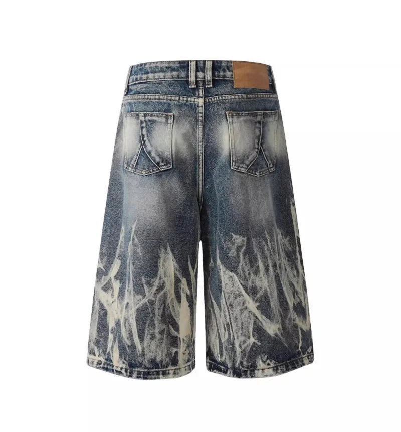 2026 New Flame Graphic Print Denim Shorts For Men Hip Hop Fashion Straight-leg Baggy Jorts Punk Tie Dye Gradient Y2K Short Jean