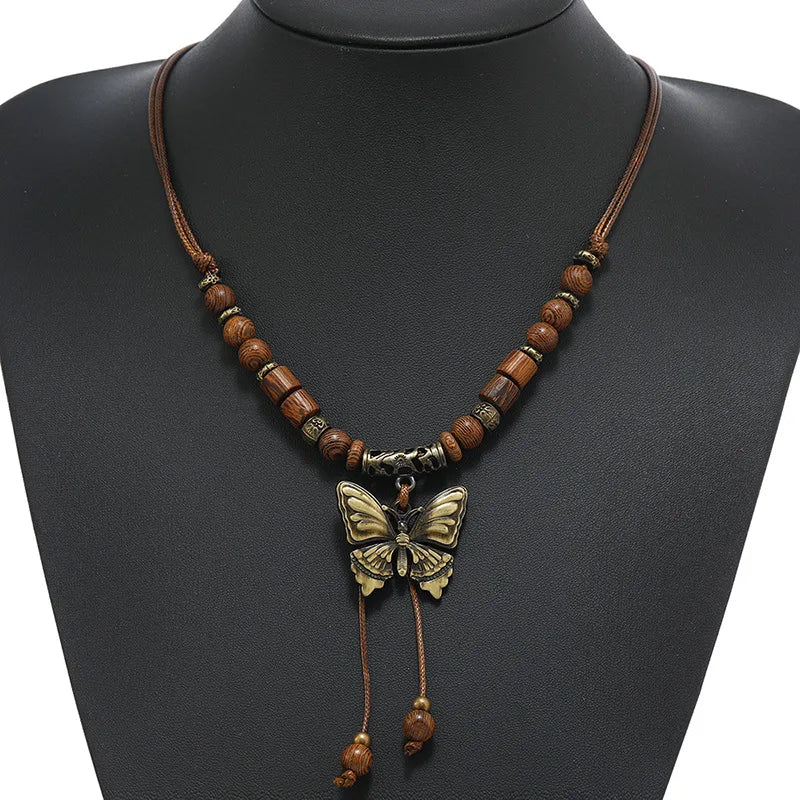 Vintage Butterfly Wooden Beads Colar Women Men Wax Wire Beaded Long Necklace Fashion Yoga Jewelry Handmade Gift