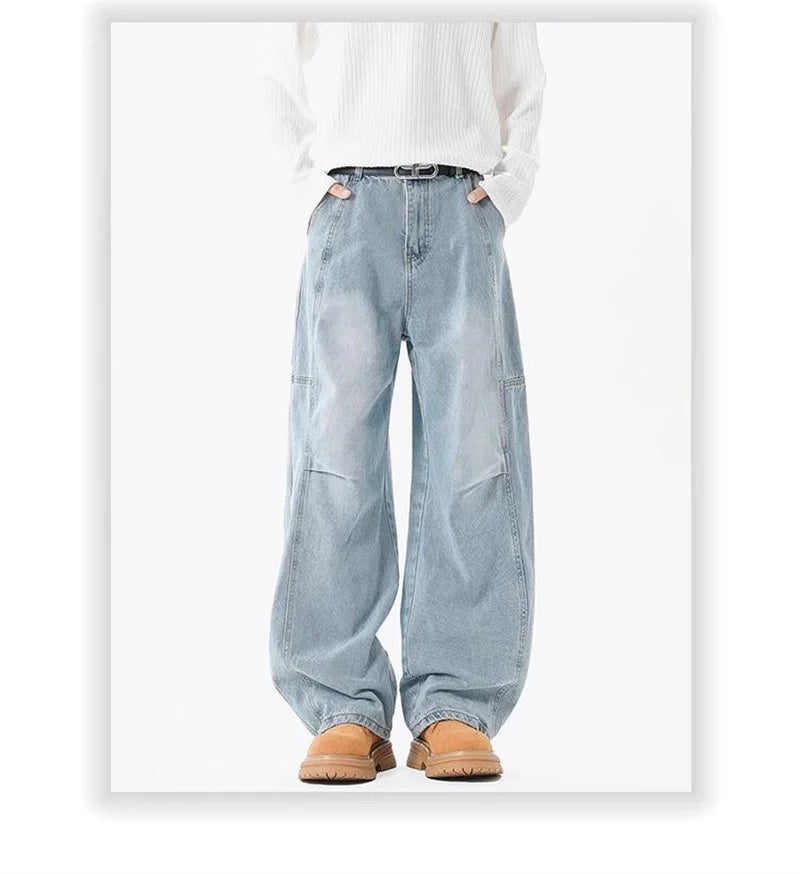 2025 New Hip Hop Fashion Spliced Baggy Jeans For Men Pleated Design Casual Straight-Leg Denim Pants Y2K Vintage Streetwear jean