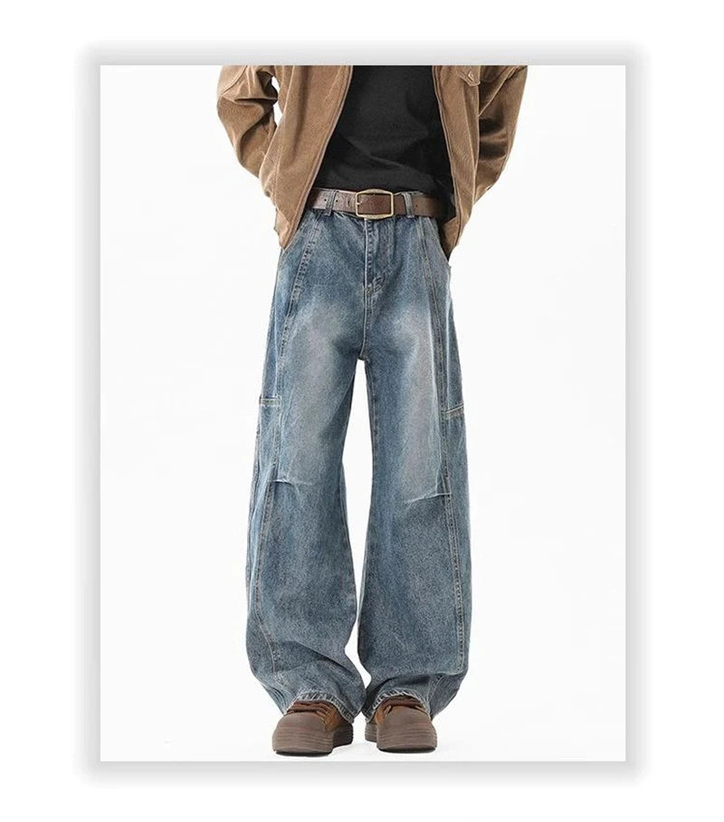 2025 New Hip Hop Fashion Spliced Baggy Jeans For Men Pleated Design Casual Straight-Leg Denim Pants Y2K Vintage Streetwear jean