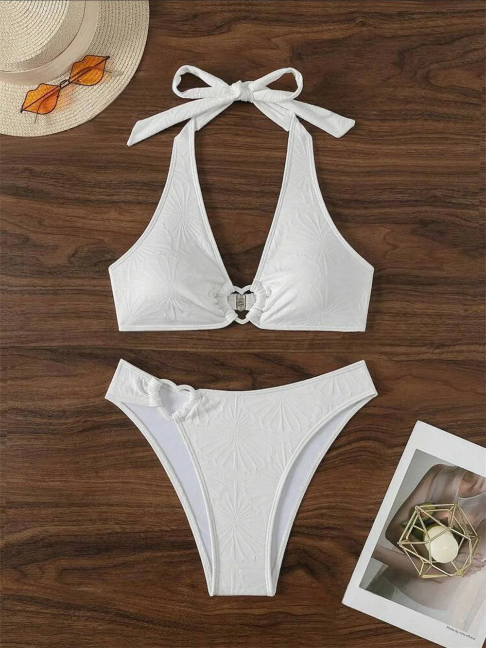 Floral Jacquard Heart Bikini White Y2K Triangle Halter Bandage Push Up Swimsuit Tanga Women Backless Vacation Swimwear Beach Set
