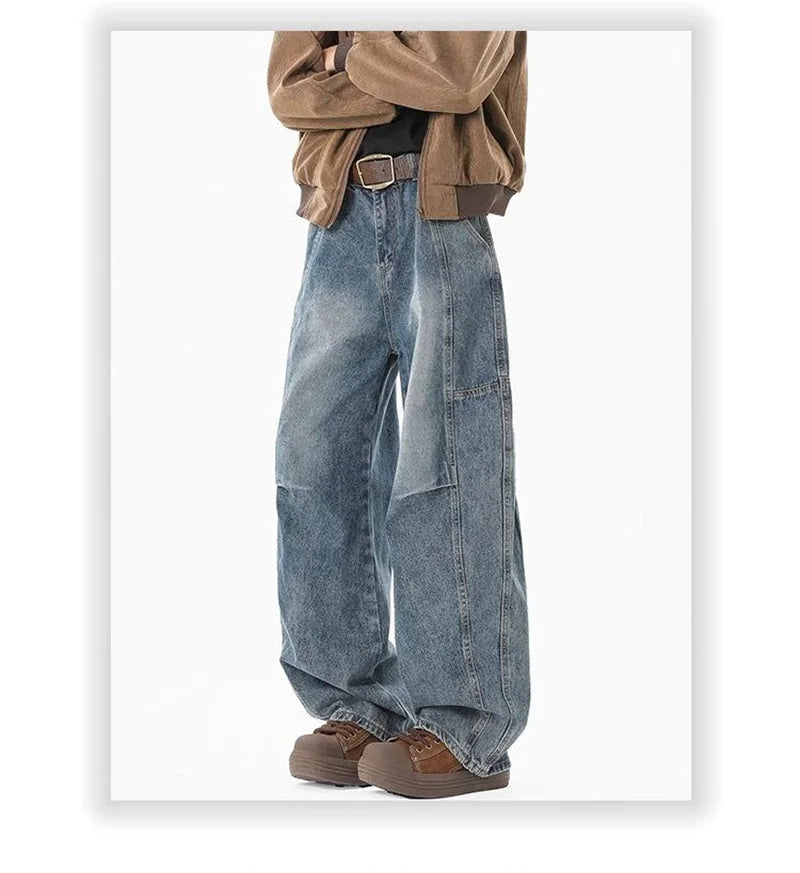 2025 New Hip Hop Fashion Spliced Baggy Jeans For Men Pleated Design Casual Straight-Leg Denim Pants Y2K Vintage Streetwear jean