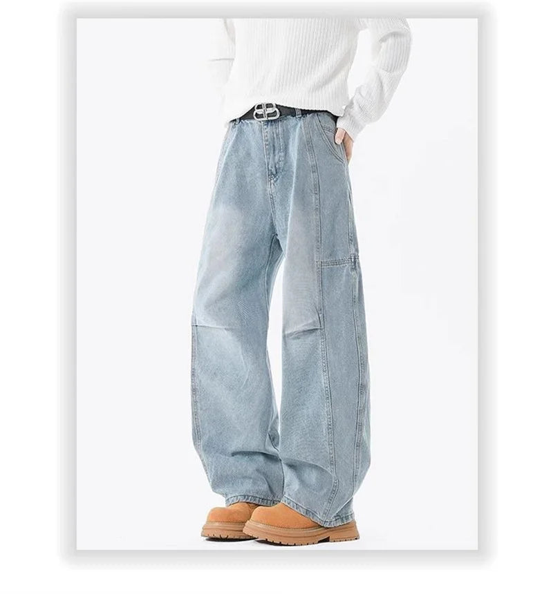 2025 New Hip Hop Fashion Spliced Baggy Jeans For Men Pleated Design Casual Straight-Leg Denim Pants Y2K Vintage Streetwear jean