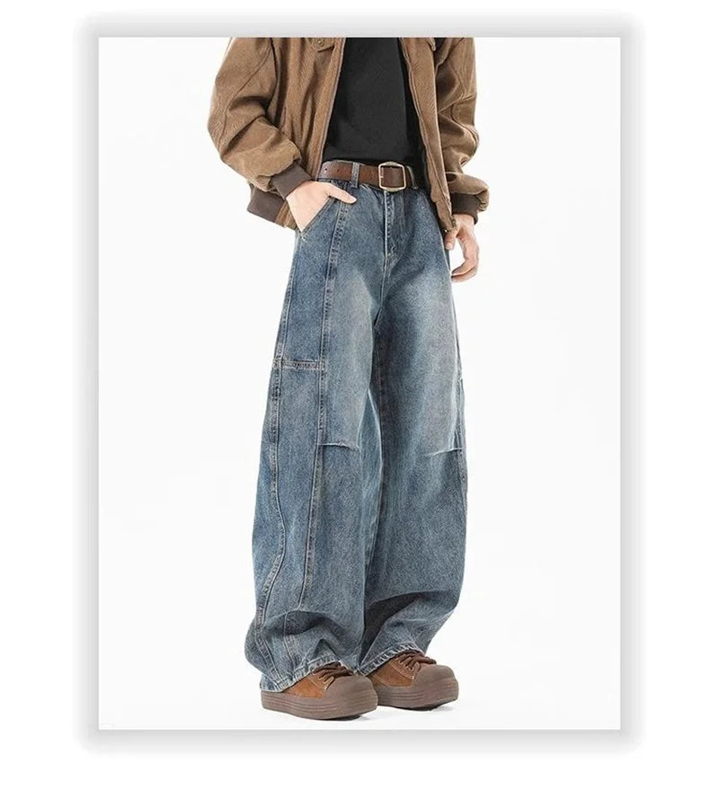 2025 New Hip Hop Fashion Spliced Baggy Jeans For Men Pleated Design Casual Straight-Leg Denim Pants Y2K Vintage Streetwear jean
