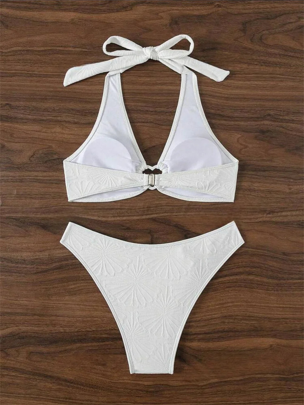 Floral Jacquard Heart Bikini White Y2K Triangle Halter Bandage Push Up Swimsuit Tanga Women Backless Vacation Swimwear Beach Set