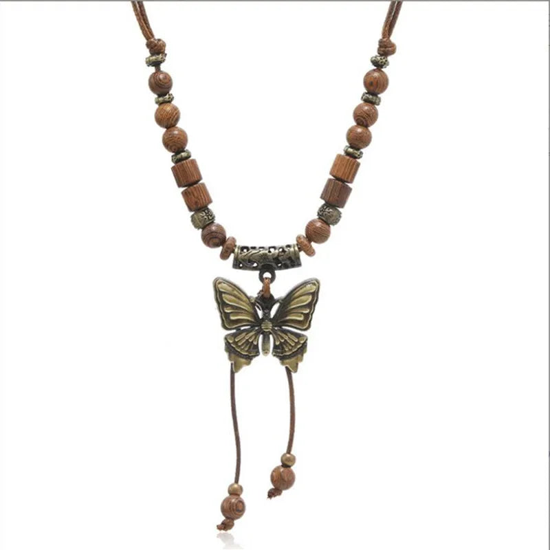 Vintage Butterfly Wooden Beads Colar Women Men Wax Wire Beaded Long Necklace Fashion Yoga Jewelry Handmade Gift