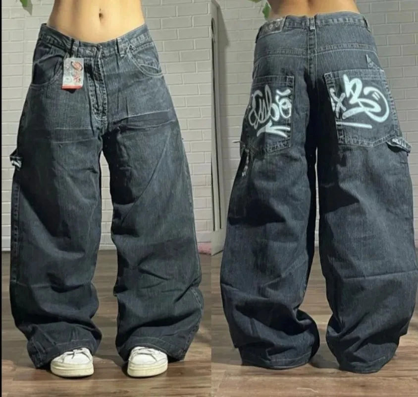 American Fashion Trend Joker Pattern Embroidered Loose Jeans Women Street Y2K New Hip Hop Oversized Wide-leg Pants Unisex Jeans