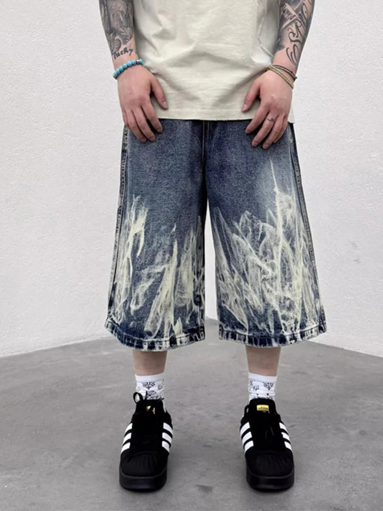 2026 New Flame Graphic Print Denim Shorts For Men Hip Hop Fashion Straight-leg Baggy Jorts Punk Tie Dye Gradient Y2K Short Jean