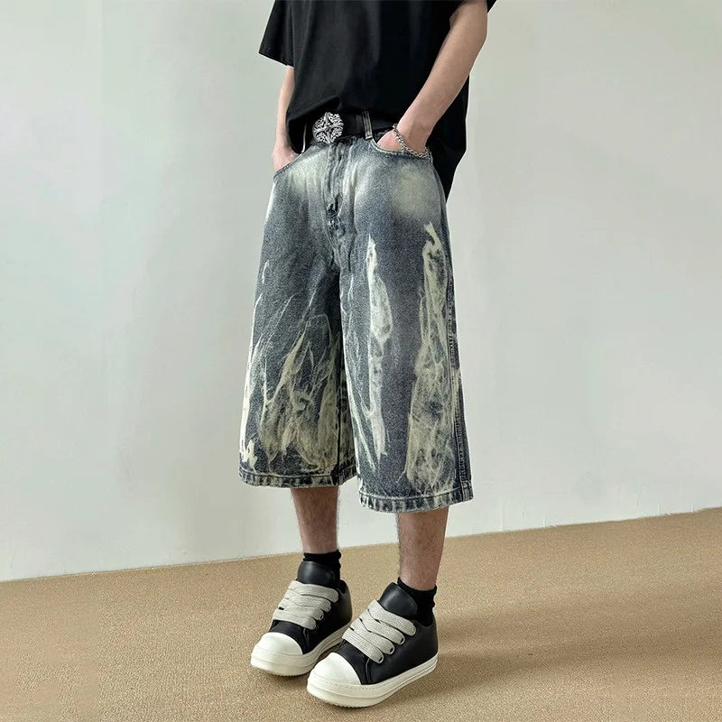 2026 New Flame Graphic Print Denim Shorts For Men Hip Hop Fashion Straight-leg Baggy Jorts Punk Tie Dye Gradient Y2K Short Jean