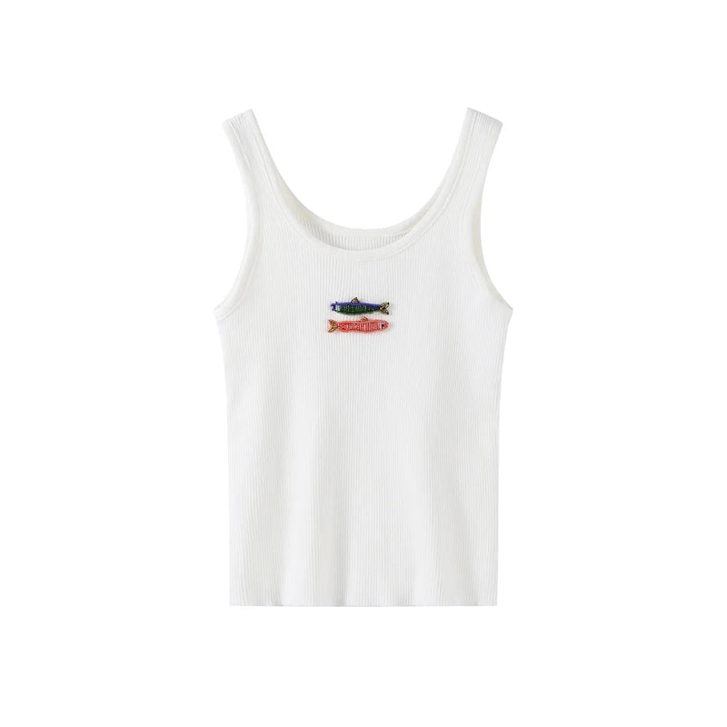 Fashion Fish Sequined Vest for Women Casual U Neck Sleeveless Female Slim Beads Embroidery Tops Summer Lady Beach Vest Street