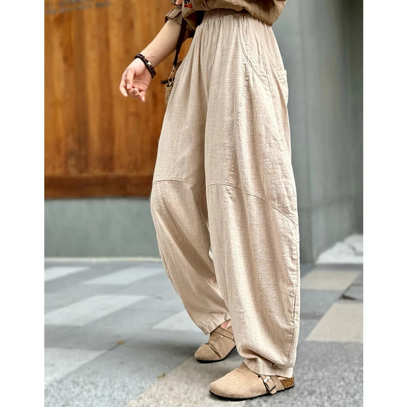 Artistic Cotton Linen Casual Pants Women's Loose Long Trousers Zen Tai Chi Lantern Pants Autumn New Sle Commute Sle
