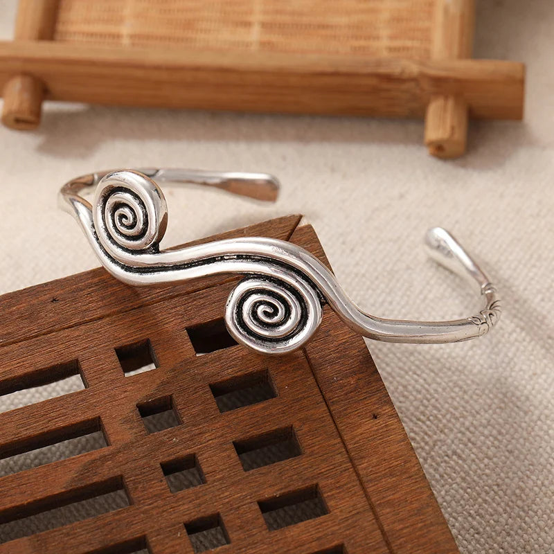 Vintage Bohemian Adjustable Vintage Bracelet Handmade Ethnic Tribal Bracelet with Spirals and Carvings for Easter or Daily Wear
