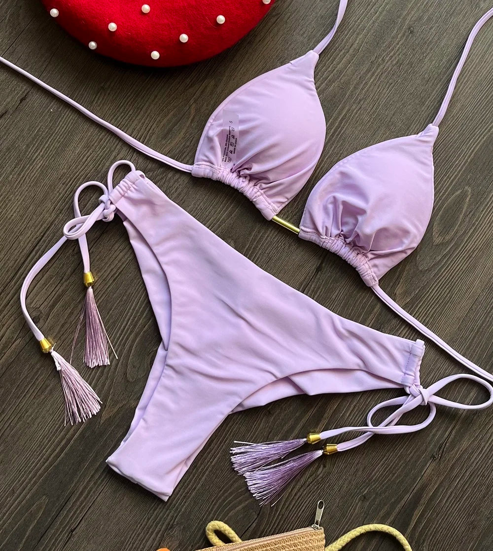 2025 New Sexy Triangle Bathing Suit for Women Brazilian Bikinis Halter Swimwear Push Up Swimsuit Metal Chain Beach Bikini Set