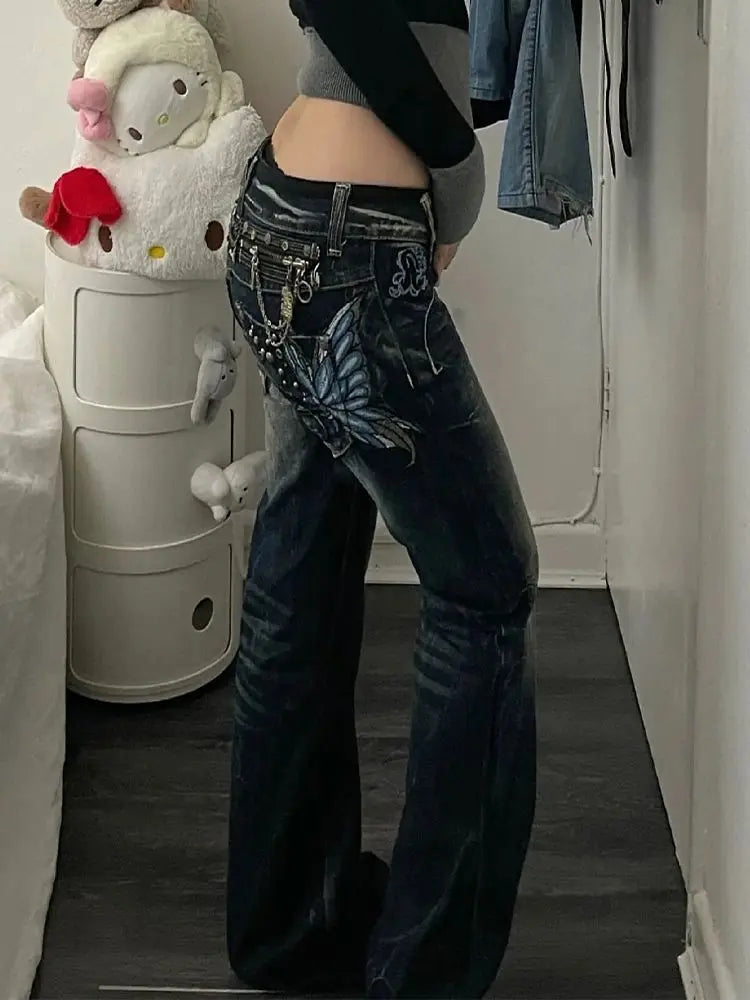 American Fashion High Street Large Size Butterfly Embroidered Women Jeans Y2K Millennium Harajuku Slim Flared Jeans
