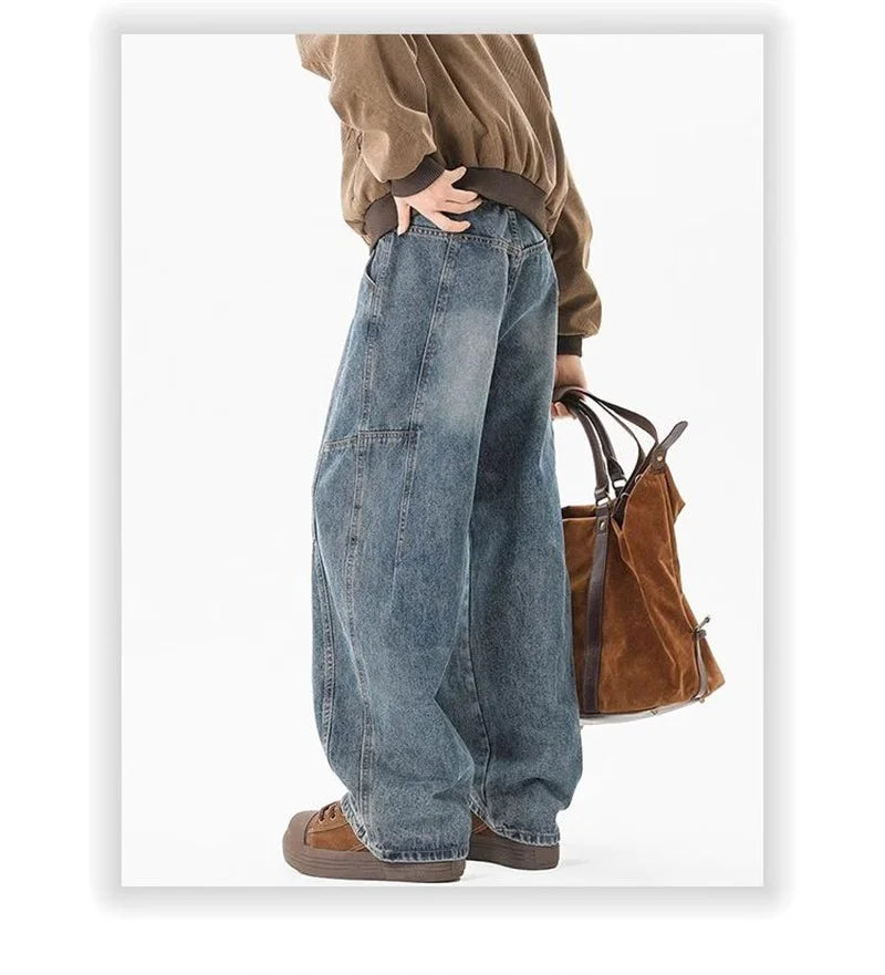 2025 New Hip Hop Fashion Spliced Baggy Jeans For Men Pleated Design Casual Straight-Leg Denim Pants Y2K Vintage Streetwear jean