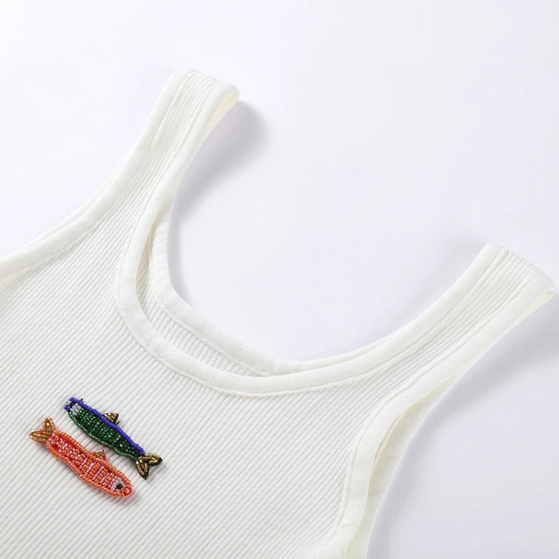 Fashion Fish Sequined Vest for Women Casual U Neck Sleeveless Female Slim Beads Embroidery Tops Summer Lady Beach Vest Street