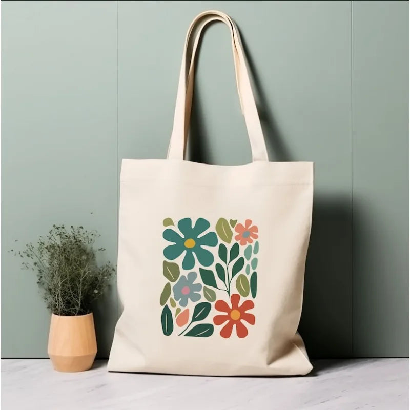 Colorful Floral Pattern Canvas Shoulder Bag Women's Casual Flower Print Tote Handbag Abstract Art Canvas Bag for Daily Outfits
