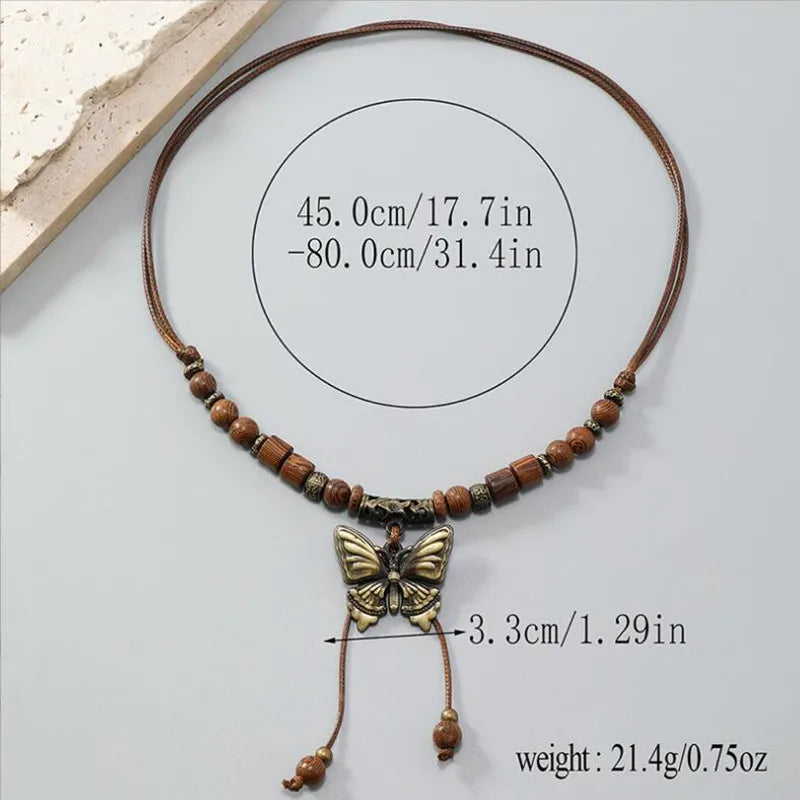 Vintage Butterfly Wooden Beads Colar Women Men Wax Wire Beaded Long Necklace Fashion Yoga Jewelry Handmade Gift
