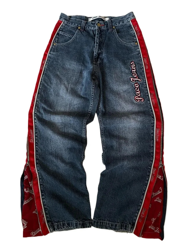 Streetwear New Fashion Vintage Letter Embroidered Red Baggy Jeans Female Y2K Gothic Hiphop Popular Casual Straight Wide-leg Pant