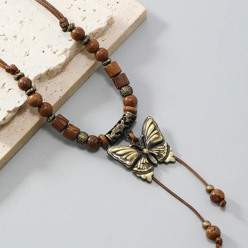 Vintage Butterfly Wooden Beads Colar Women Men Wax Wire Beaded Long Necklace Fashion Yoga Jewelry Handmade Gift