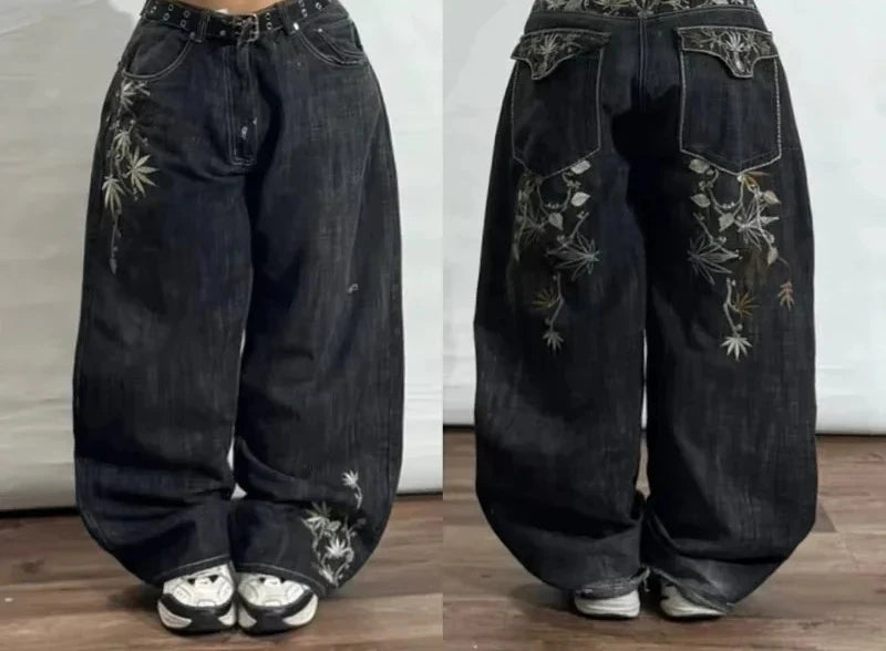 Streetwear New Fashion Vintage Letter Embroidered Red Baggy Jeans Female Y2K Gothic Hiphop Popular Casual Straight Wide-leg Pant