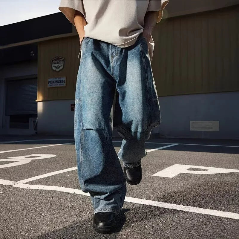2025 New Hip Hop Fashion Spliced Baggy Jeans For Men Pleated Design Casual Straight-Leg Denim Pants Y2K Vintage Streetwear jean