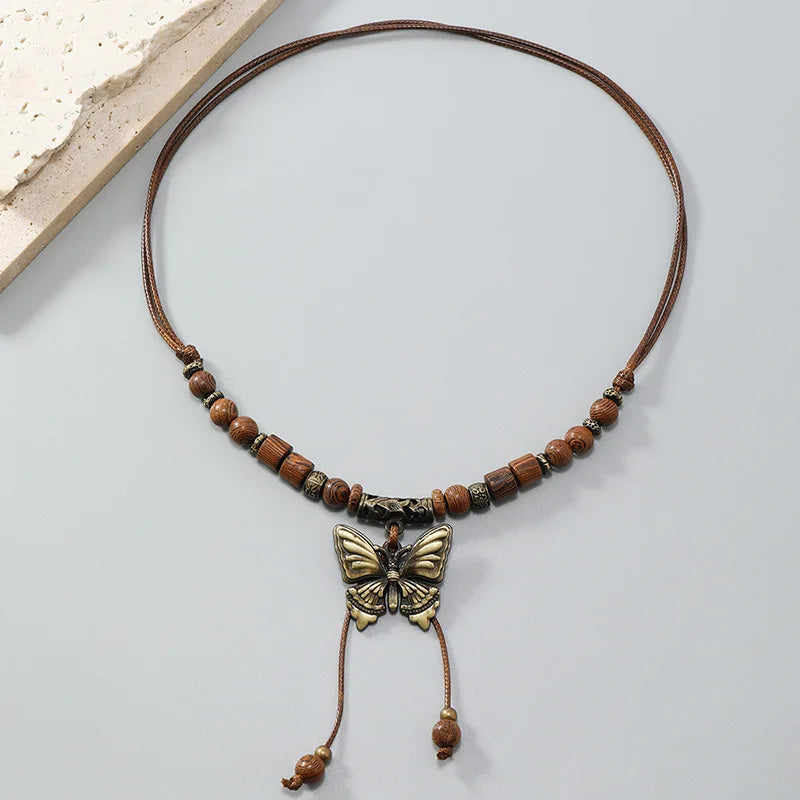Vintage Butterfly Wooden Beads Colar Women Men Wax Wire Beaded Long Necklace Fashion Yoga Jewelry Handmade Gift