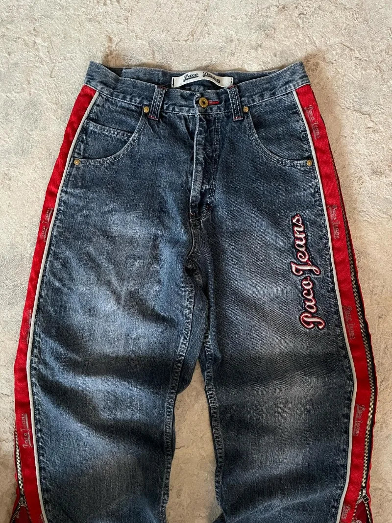 Streetwear New Fashion Vintage Letter Embroidered Red Baggy Jeans Female Y2K Gothic Hiphop Popular Casual Straight Wide-leg Pant