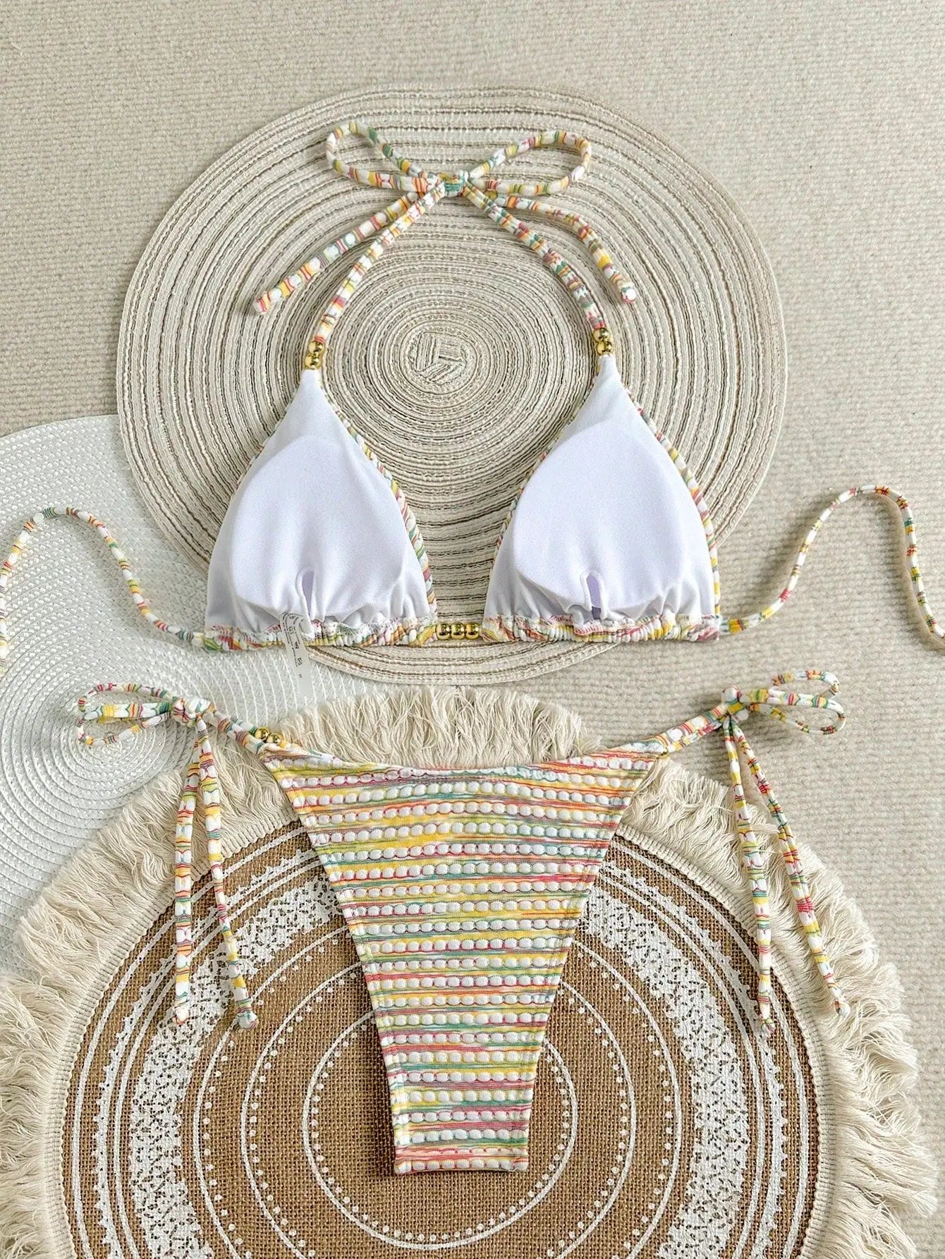 sexy rainbow print gold beads bikinis sets two pieces halter back tie swimsuits bathing suit swimwear biquini tankini trikini
