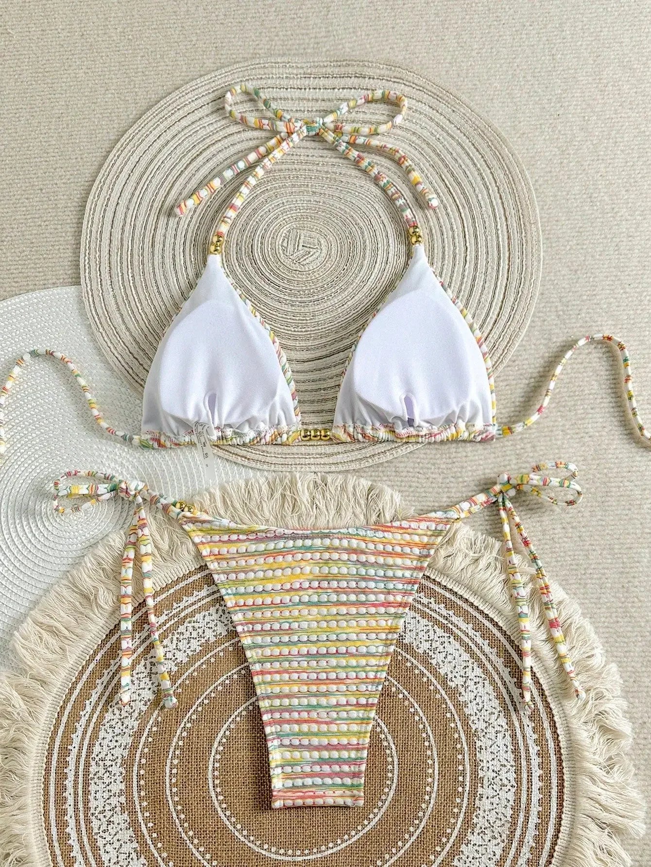 sexy rainbow print gold beads bikinis sets two pieces halter back tie swimsuits bathing suit swimwear biquini tankini trikini