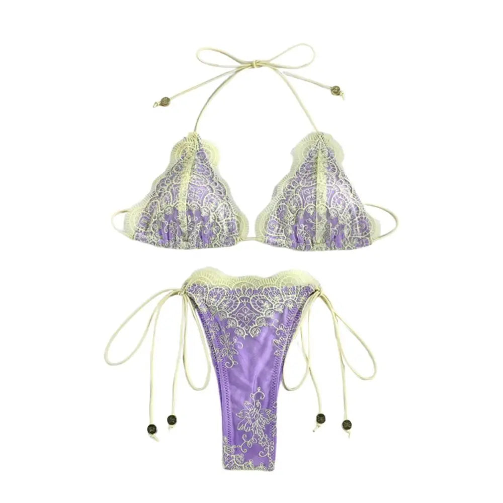 2Pcs/Set Fashion Summer Lace Bikini Set Hollow Bandage Women Swimsuit Casual Patchwork Beachwear Beach