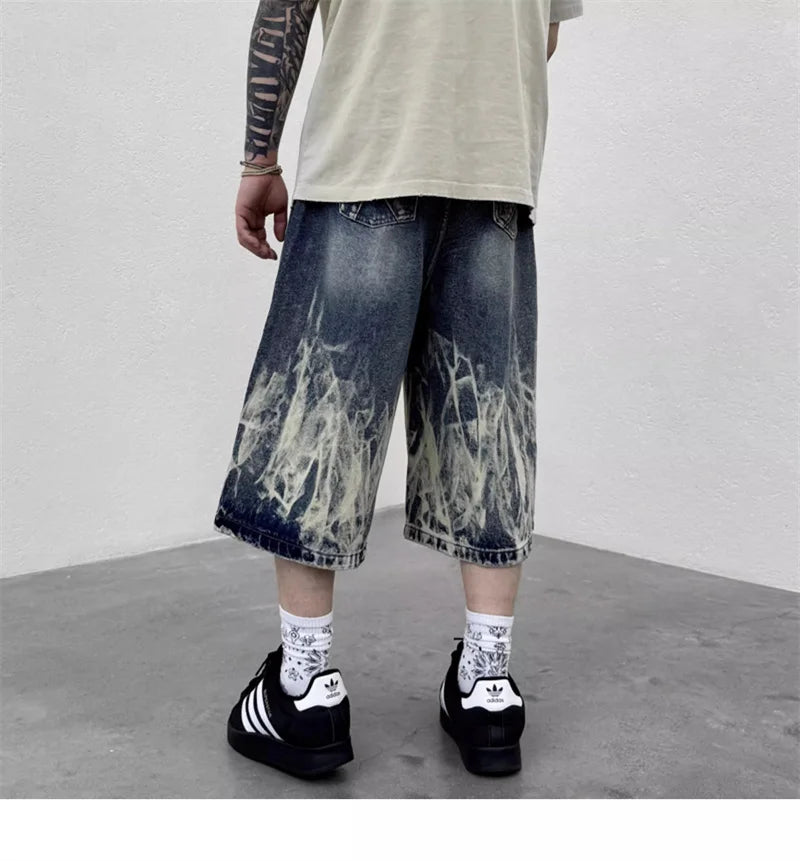 2026 New Flame Graphic Print Denim Shorts For Men Hip Hop Fashion Straight-leg Baggy Jorts Punk Tie Dye Gradient Y2K Short Jean