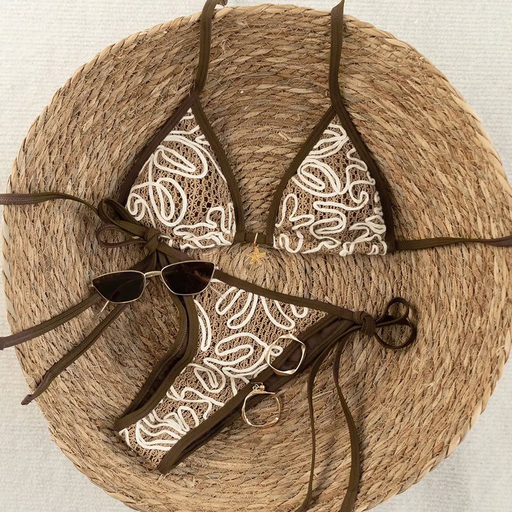 Bohemian style hollowed out embroidered bikini set