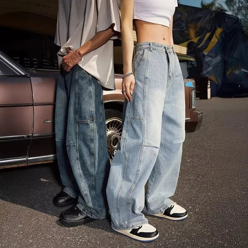 2025 New Hip Hop Fashion Spliced Baggy Jeans For Men Pleated Design Casual Straight-Leg Denim Pants Y2K Vintage Streetwear jean