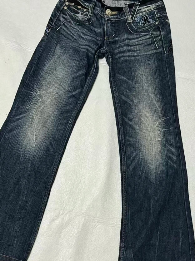 American Fashion High Street Large Size Butterfly Embroidered Women Jeans Y2K Millennium Harajuku Slim Flared Jeans