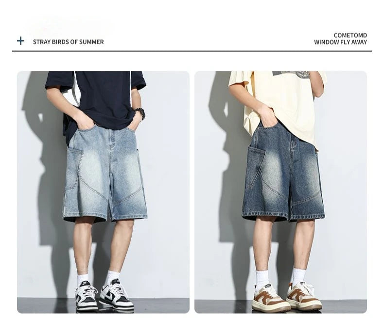 Summer New Baggy Denim Shorts Fashion Casual Straight Harajuku Jeans Male Vintage Wash Drawstring Short Pants Streetwear
